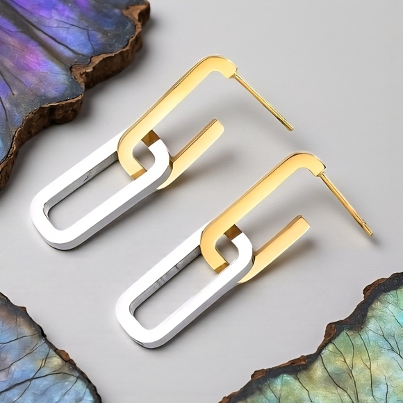 Minimalist Chic Two Tone C Hoop Earrings 18K Gold Plated Stainless Steel - Picture 6 of 12